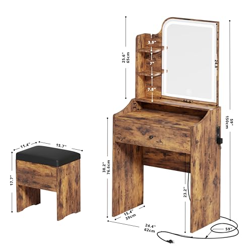 LIKIMIO Small Vanity Desk with Mirror Lights and Storage Stool | Vintage brown compact vanity with 3 light modes, charging station, storage drawer, 3 shelves and upholstered stool - color: Vintage Brown