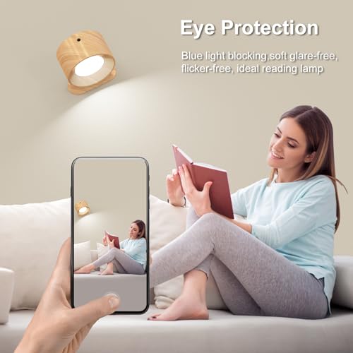 AKSDA 3Pack Battery Operated Wall Sconce, 3 Color Modes 3 Brightness Levels 360°Rotation Lighting Timer Touch & Remote Control, Wall Mounted Lamp LED Wall Lights for Bedroom Reading Bedside (Wood) - color: Wood-3PC