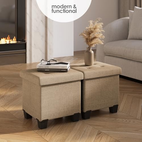 Storage Ottoman Cube with Small Bin, 15-in Square Ottoman with Storage for Living Room and Bedroom, Small Ottomans Foot Rest, Fabric Foot Stools Ottomans Max 330lbs, Taupe - color: 07 - Taupe