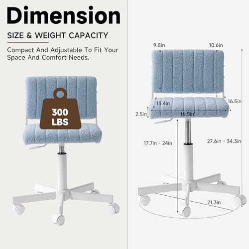 Office Chair Vanity Chair with Wheels | Comfy Desk Chair with Back | Cute Teddy Armless Adjustable Swivel Chair | Small Vanity Stool | for Bedroom Home Computer Task | Light Blue - color: Light Blue