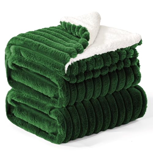INFIIXSO Striped Sherpa Throw Blanket for Couch, Warm Plush, Green, 104x90 | Super Soft Thick Warm Striped Sherpa Blanket for Bed Sofa, Cozy Plush Fluffy Throw Gift for Women, Room Decor, All Season Use - color: Dark Green, size: King(104"x90")