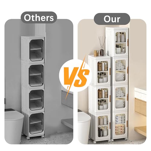 Tall Narrow Storage Cabinet with Movable Wheels, Adjustable Shelves & Magnetic Doors – Foldable Slim Plastic Organizer for Bathroom, Kitchen, Laundry, Ideal for Small Spaces(4-Tier,White) - size: 11.2"D x 9.6"W x 65.4"H