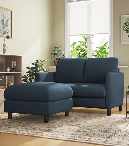 Welzona Loveseat Sofa with Ottoman, 51" Small L Shaped Teddy Couch Sofa | Comfy Teddy Fabric, Tool-free Setup, Washable Covers, All-wood Couch Sets for Living Room, Bedroom, Small Spaces, Blue Grey - color: Blue Grey, size: loveseat & ottoman