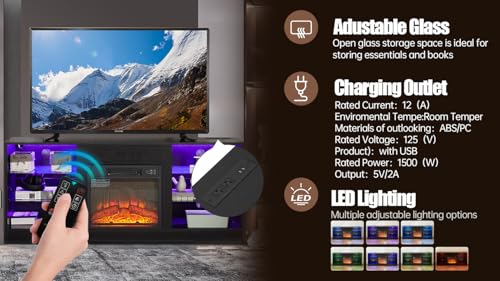 Modern 58 inch TV Stand with 18 inch Electric Fireplace, Entertainment Center with LED Lights and Power Outlets, Black Media Console with Glass Shelves for Living Room up to 65 inch TV - color: Black-x-57.87 X 15.35 X 24.61 Inch