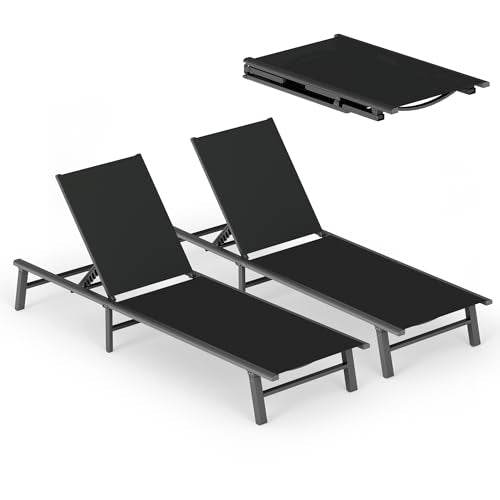 Foldable Outdoor Lounge Chair Set of 2, No Assembly Aluminum Chaise Lounge Outdoor with 5 Adjustable Positions, Pool Lounge Chairs with Portable Design for Pool, Beach, Deck, Patio, Black - color: Black-upgraded, size: 2 Packs