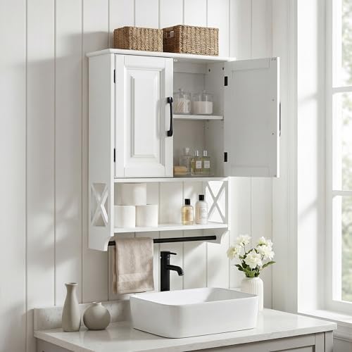 Bathroom Wall Cabinet, 25"x19" Farmhouse Wall Mounted Medicine Cabinet with 2 Raised Panel Doors, Adjustable Shelf & Towel Bar–Over Toilet Storage Organizer for Laundry Room, Entryway or Small Spaces - size: 7.09"D x 25"W x 19.29"H