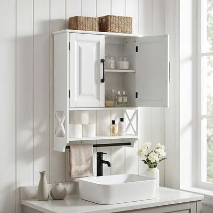 Bathroom Wall Cabinet, 25"x19" Farmhouse Wall Mounted Medicine Cabinet with 2 Raised Panel Doors, Adjustable Shelf & Towel Bar–Over Toilet Storage Organizer for Laundry Room, Entryway or Small Spaces - size: 7.09"D x 25"W x 19.29"H
