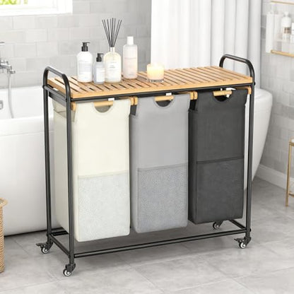 BambooHomie Laundry Hampers 3 Section, Laundry Sorter with Removable Shelf and Pull-Out Bags, Rolling Cart Clothes Hampers Basket with Wheels for Laundry Room Bathroom, 3 x 45 L (Black Beige Gray)