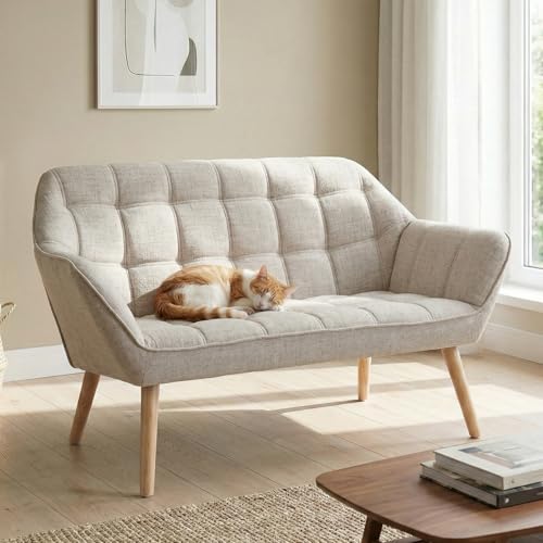 48" Small Loveseat Sofa, Modern Linen Fabric Mini Sofa Couch 2-Seater Love Seat with Quilting Backs and Wood Legs for Living Room, Bedroom and Small Space, Beige - color: Beige