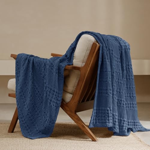 PHF 100% Cotton Waffle Weave Throw Blanket, Lightweight Breathable Summer Blanket for Couch Sofa, Pre-Washed Soft Throws for Bed, Office, Travel & Stylish Home Decor, 50"x60", Bright Navy - color: 06 Blue Sapphire, size: Throw(50"x60")
