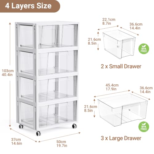 Stackable Storage Drawer Carts, Extra Large Bins 4 Tier 5 Drawers | Smooth Pull-Out Drawers, Clear Plastic Storage Organizer Container For Home Office Bedroom Bathroom Art Crafts Under Desk - size: 4 Tier 5 Drawer