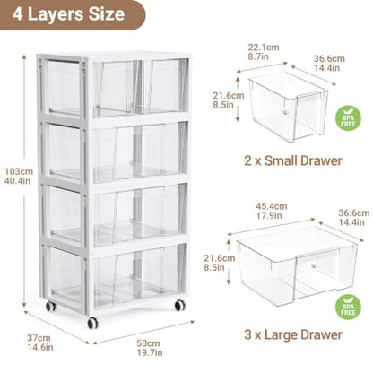 Stackable Storage Drawer Carts, Extra Large Bins 4 Tier 5 Drawers | Smooth Pull-Out Drawers, Clear Plastic Storage Organizer Container For Home Office Bedroom Bathroom Art Crafts Under Desk - size: 4 Tier 5 Drawer