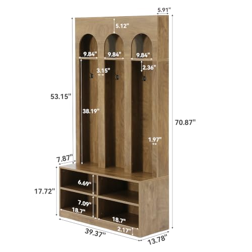 LITTLE TREE Hall Tree with Shoe Storage, Entryway Bench with Coat Rack | 6 Double Hooks, Entryway Storage Furniture, Mudroom Bench with Storage and Hooks, Farmhouse Hall Tree, Hallway Tree, Brown