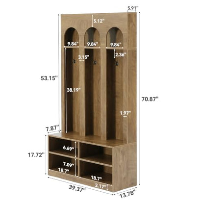 LITTLE TREE Hall Tree with Shoe Storage, Entryway Bench with Coat Rack | 6 Double Hooks, Entryway Storage Furniture, Mudroom Bench with Storage and Hooks, Farmhouse Hall Tree, Hallway Tree, Brown