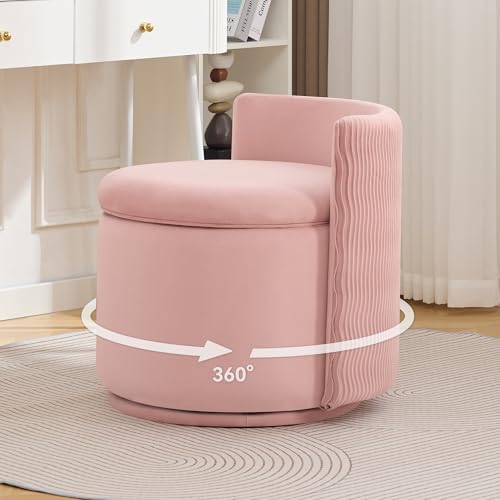 WUTUTUEE Large Velvet Vanity Chair with Storage, 360° Swivel Makeup Chair with Wave Back, No Assembly Small Accent Stool for Bedroom, Dressing, Living Room, Pink - color: Pink, size: Large
