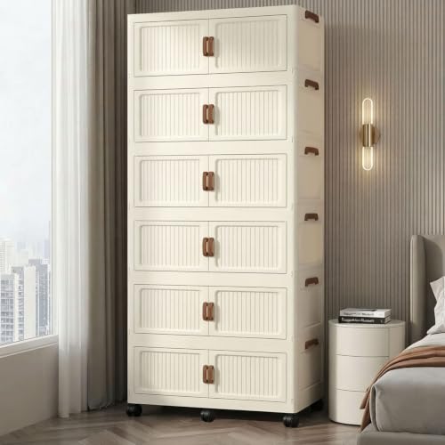 693QT Modular Stackable Storage Cabinet, Rolling Lidded Storage Containers with Wheels, Collapsible Drawer Storage Bins for Clothes, Toys, Bedroom, Dorm Room Organization, Cream White（6 Pack） - size: 6 Pack 36 L x 15 W x 83 H