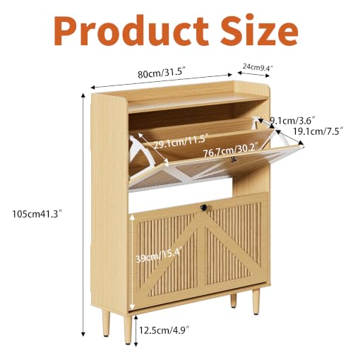 Narrow Shoe Storage Cabinet with 2 Flip Drawers for Entryway (Wood) | Adjustable & Removable Shelves, Slim Shoe Organizer Cabinet, for Hallway, Foyer, Entrance, Freestanding, Hidden, Thin, Fluted - color: Wood