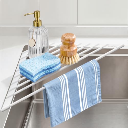 Ohuhu Corner Sink Strainer, Sponge Holder for Kitchen Sink Organizer - Silicone Wrapped Steel Anti Slip Rust Triangle Over the Sink Roll-UP Dish Drying Rack Caddy Kitchen Sink Accessories - color: White, size: 16.9" x 9.8" x 3.5"