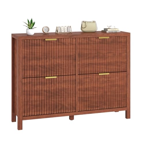 47" Fluted Shoe Cabinet Storage with 4 Flip Drawers for Entryway, Hallway | Hidden Shoe Rack Slim Freestanding Shoe Organizer for Foyer, Hallway, Living Room, Walnut - color: Red Walnut, size: 4 Drawers