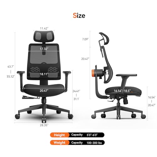 Ergonomic Home Office Chair, High Back Desk Chair with Unique Adaptive Lumbar Support, Adjustable Headrest, Seat Depth Adjustment, 96°-126° Tilt Function, Adjustable Armrest Recliner - color: Black