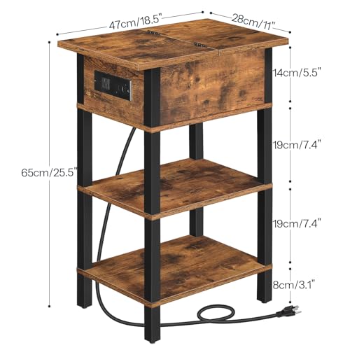 HOOBRO End Table with Charging Station, Flip Top Side Table with USB Ports, Narrow Nightstand Bedside Tables with Storage Shelves, for Small Space, Living Room, Rustic Brown and Black BF141UBZ01 - color: Rustic Brown + Black