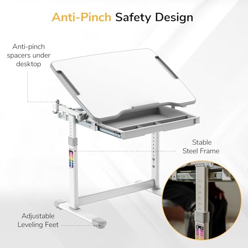Mount-It! Kids Desk and Chair Set Height Adjustable up to 30" Ergonomic for School - Table and Chairs for Student 26" x 18" Tabletop with Pencil Drawer, 3-10 Age Children, Grey - color: Grey