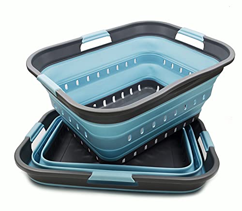 SAMMART 42L (11 gallon) Collapsible Plastic Laundry Basket - Foldable Pop Up Storage Container/Organizer - Portable Basket - Space Saving Hamper/Basket (2, Grey/Sea Angel) - color: Grey/Sea Angel