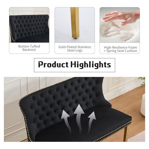 Black Velvet Dining Bench with Back, Tufted Banquette Seating, Gold Legs | Upholstered loveseat bench; tufted back; nailhead trim; 500 lb capacity; foam and spring seat; dining room or entryway - color: Black(gold Stainless Steel Legs)