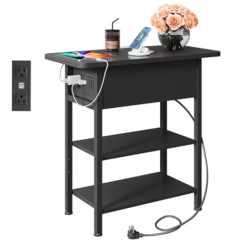 WLIVE 3-Tier End Table with Charging Station Flip Top Narrow Nightstand | 2 USB Ports+2 AC Outlets; Flip Top Hidden Storage; 2 Open Shelves; Small Space Living Room Bedroom; Sturdy Carbon Steel Frame - color: Black