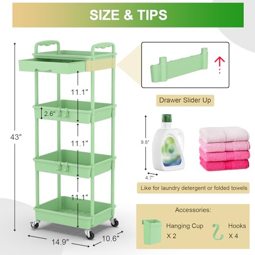 Goovilla 4 Tier Rolling Utility Cart Organizer with Removable Drawer, Green | Stable and Sturdy Rolling Storage Carts with 2 Lockable Wheels for Bathroom, Kitchen, Snack, Craft, Makeup, Baby Essentials - size: 4 Tier, style: Green