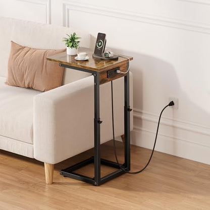 C Shaped End Table with Charging Station, 33"Tall Side Table for Couch, C-Table End Table Adjustable Height Side Table,Slide Under Couch Table TV Tray Table for Sofa,Living Room,Bedroom,Brown - color: Rustic Brown, style: Charging Station