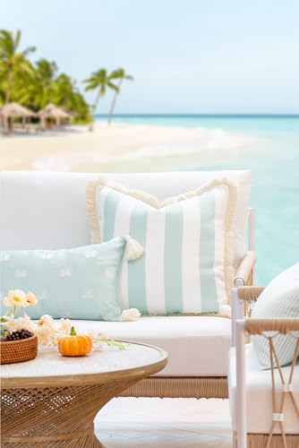 Hofdeco Premium Fall Coastal Patio Indoor Outdoor Pillow Cover Only, 20"x20" Water Repellent for Backyard, Couch, Muted Aqua Stripe Fringe - color: Muted Aqua Stripe 20"x20"