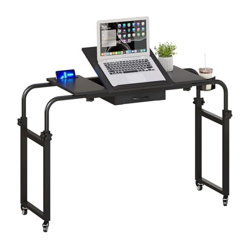 GiftGo Overbed Table with Wheels Rolling Laptop Desk Cart Over Recliner Wheelchair Table Adjustable for Hospital and Home Use Over The Bed Table with Storage Drawer and Cup Holder (Black) - color: Black
