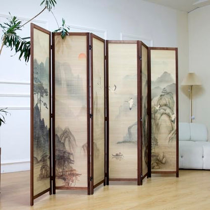 6 Panel Bamboo Room Divider, 5.6 ft Tall Double-Sided Folding Privacy Screen, Premium Thickened Wood Frame with Mountains and Waters Landscape for Home & Office (67" H x 94.5" W) - color: Mountains and Waters, size: 6 Panel