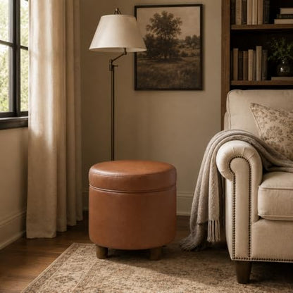 HomePop 19" Round Storage Ottoman - Chestnut Brown Faux Leather - color: Chestnut Brown Faux Leather