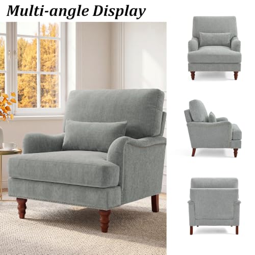 Mid-Century Modern Accent Chair with Lumbar Pillow, Light Grey, 2 Pack | Upholstered Chenille Armchair, Solid Wood Frame & Legs, Comfy Reading Lounge Sofa for Living Room Bedroom, & Small Spaces - color: Chenille Light Grey, size: 2 Seat