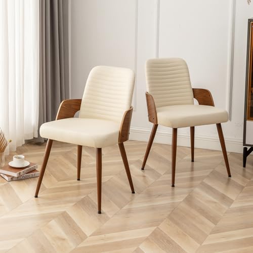 Dining Room Chairs Set of 4 Mid Century Modern Kitchen Chair,Upholstered Beige PU Faux Leather Accent Chairs,Metal Legs Wooden Desk Chair,Armless and No Wheels for Kitchen Dining - color: Beige Pu, size: Set of 4