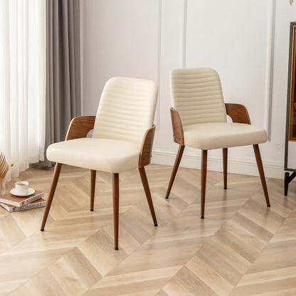 Dining Room Chairs Set of 4 Mid Century Modern Kitchen Chair,Upholstered Beige PU Faux Leather Accent Chairs,Metal Legs Wooden Desk Chair,Armless and No Wheels for Kitchen Dining - color: Beige Pu, size: Set of 4