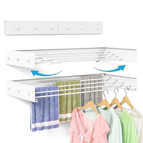 BAKON Wall Mounted Drying Rack 32'', Hidden Clothes Drying Rack for Indoor | Space Saving for Balcony Laundry Room Small Space, 60lbs Capacity, 6 Towel Hooks and 5 Rods, Invisible,Heavy Duty Metal - size: 31.5''【6 Hooks】