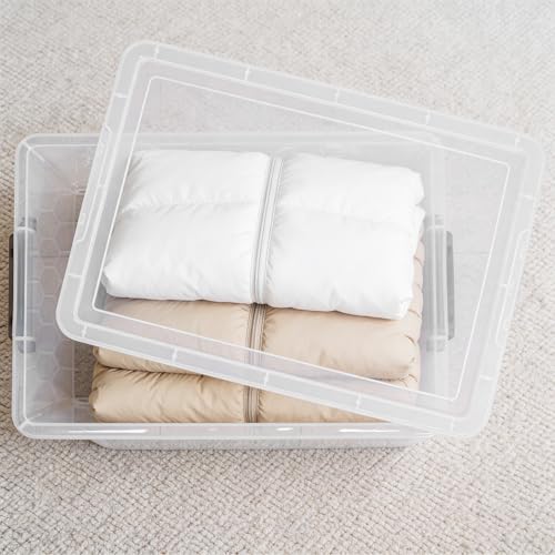 Citylife 48 Qt Ultra-Thick (3.82mm) Clear Plastic Storage Bins with Lids, 4-Pack Stackable Straight-Wall Closet Organizers with Honeycomb Base & Pinch-Free Latches for Garage, Clothes & Holiday Decor - size: 48 QT, style: 4 Pack