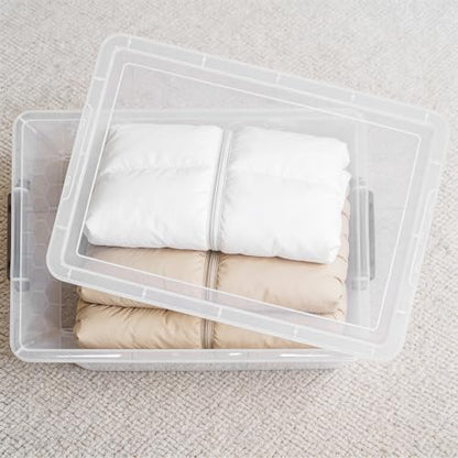 Citylife 48 Qt Ultra-Thick (3.82mm) Clear Plastic Storage Bins with Lids, 4-Pack Stackable Straight-Wall Closet Organizers with Honeycomb Base & Pinch-Free Latches for Garage, Clothes & Holiday Decor - size: 48 QT, style: 4 Pack