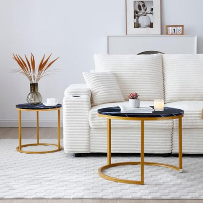 Nesting Coffee Table Set of 2 for Small Spaces, 23.6" Round Coffee Table with Marble Pattern Wood Top & Golden Metal Frame, Modern End Side Tables for Living Room, Apartment - color: Black, Gold