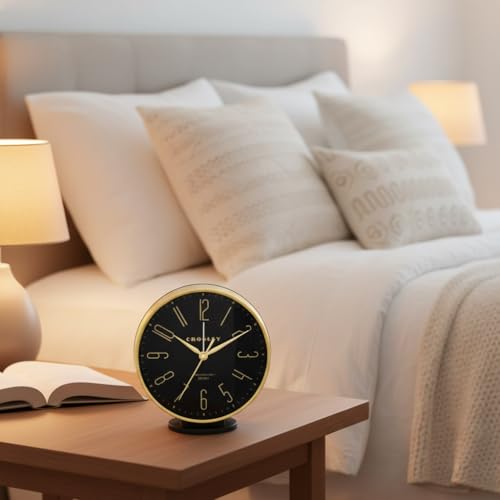 Crosley Modern Art Deco Alarm Clock for Office, Bedroom, or Desk – Analog Non-Ticking Clock with Easy-to-Read Dial, Gold Metal Frame & Black Face (6-Inch) - color: Gold Black