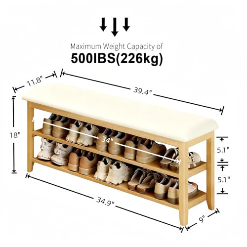Wooden Shoe Storage Bench with Leather Cushion, Natural, 39.4" | Rustic Solid Wood Entryway Bench, Shoe Rack Bench for Hallway, Front Door, Equipped with 2 Height-Adjustable Shelves - color: Natural Wood, size: 39.4"L x 11.8"W x 18"H