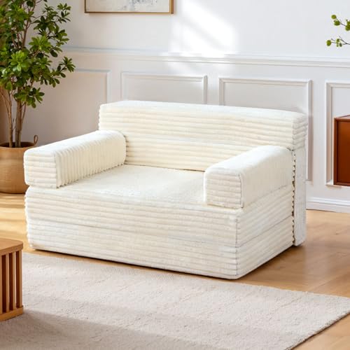 YEPDIN Folding Sofa Bed,Convertible Sofa Bed with Armrest Foldable Sleeper Chair, Portable Folding 4-in-1 Floor Sofa with Convertible Lounge Chair for Living Room,Bedroom,Washable Cover,White Single - color: White