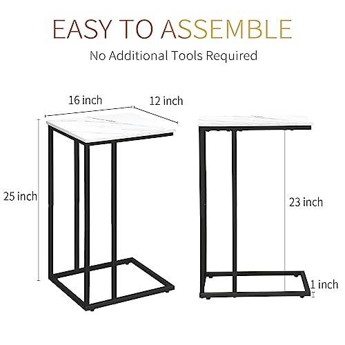 C Shaped Side Table Set of 2, Marble End Table for Sofa and Bed, Couch Table That Slide Under, Snack Side Table for Living Room, Bedroom or Small Spaces, White and Black - color: Black