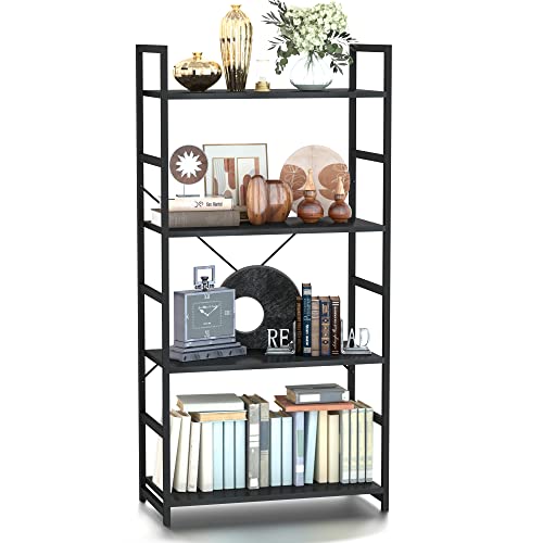 NUMENN 4 Tier Bookshelf, Tall Freestanding Open Storage Bookcase, Black | Storage Organizer with Metal Frame & Wood Shelves, Support Bars & Adjustable Feet for Bedroom, Living Room & Home Office - color: Black, size: 4 Tier