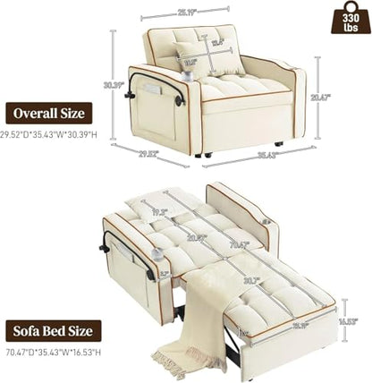 Sleeper Sofa Chair Bed 3 in 1 with Charging Ports, Phone Holder & Cup Holders - Modern Velvet Convertible Pull Out Single Sofa Bed for Small Spaces, Apartment, Dorm (Beige) - color: Beige