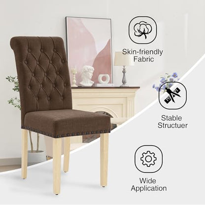 adochr Linen Dining Chairs Set of 4, Armless Parsons Chairs,Dark Brown | Wooden Legs & Tufted Buttons, Upholstered Dining Room Chair for Kitchen/Dining Room/Living Room - color: Dark Brown, size: 4PCS