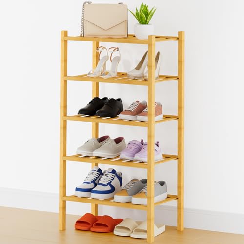 Smiry Bamboo Shoe Rack, 14 Vertical Slats, 5 Tier - 17.3" Wide, Natural | Stackable Free Standing Wooden Shoe Organizer, Wood Shoe Storage Shelf for Closet, Entryway, Thicher Leg - color: Natural, size: 17.32" Wide - 5 Tier - Thicker